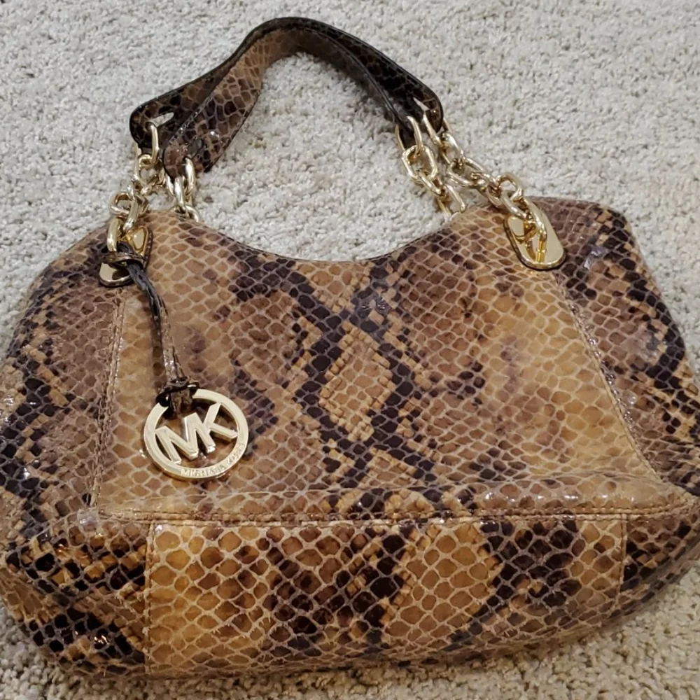 Michael Kors Brown Snake-Print Leather Shoulder Bag